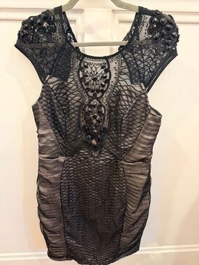 Lipsy Black Lace Party Dress with Nude Lining